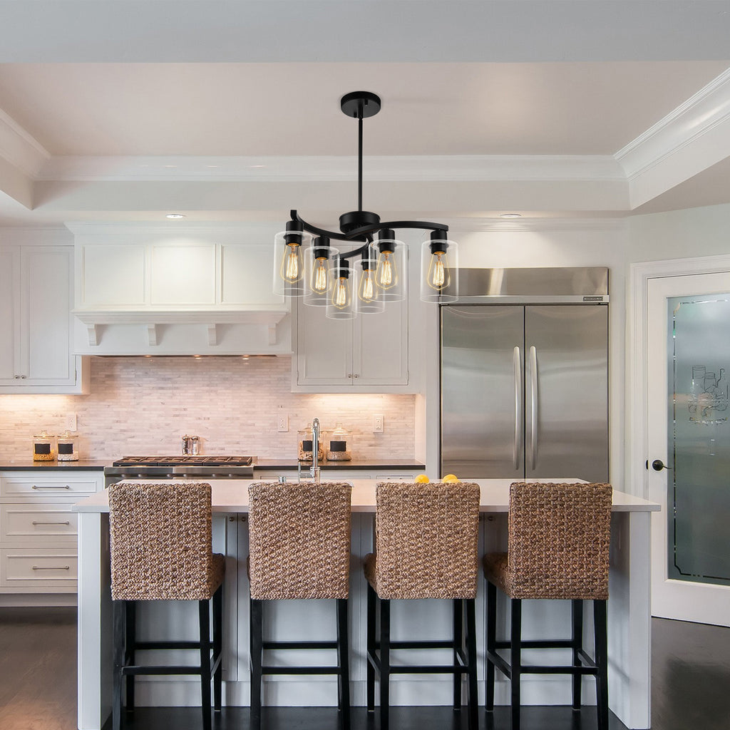 6-Light Modern Farmhouse Black Chandelier, Contemporary Dining Room Light Fixture, Adjustable Height Hanging Industrial Pendant Lights Kitchen Island, Clear Glass Shade
