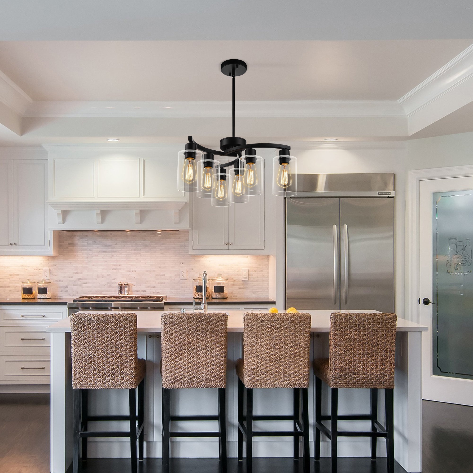 6-Light Modern Farmhouse Black Chandelier, Contemporary Dining Room Light Fixture, Adjustable Height Hanging Industrial Pendant Lights Kitchen Island, Clear Glass Shade