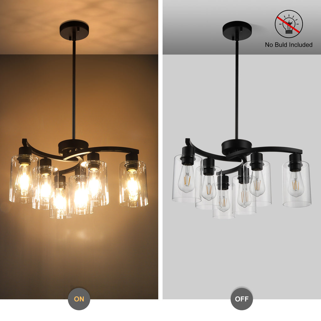 6-Light Modern Farmhouse Black Chandelier, Contemporary Dining Room Light Fixture, Adjustable Height Hanging Industrial Pendant Lights Kitchen Island, Clear Glass Shade