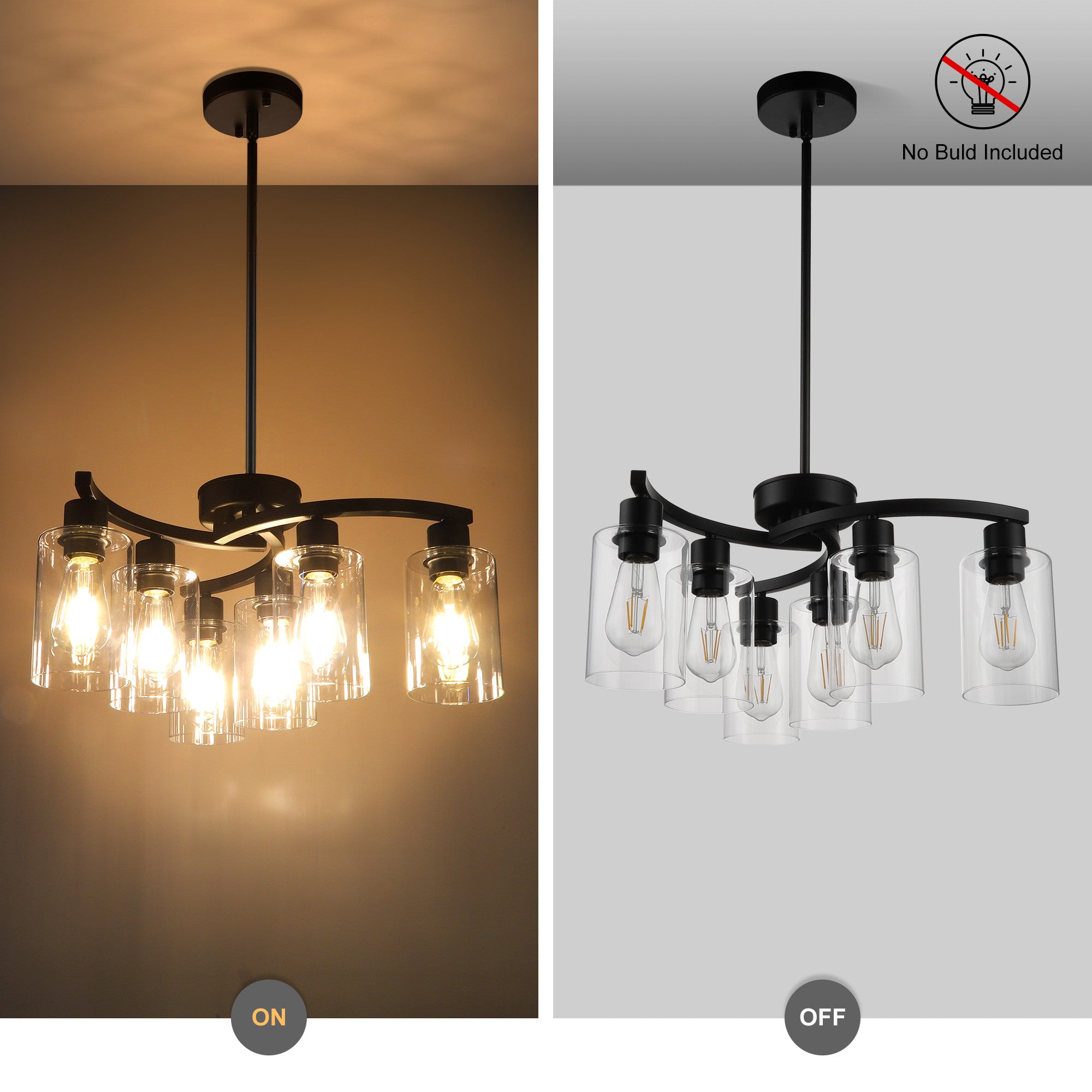 6-Light Modern Farmhouse Black Chandelier, Contemporary Dining Room Light Fixture, Adjustable Height Hanging Industrial Pendant Lights Kitchen Island, Clear Glass Shade