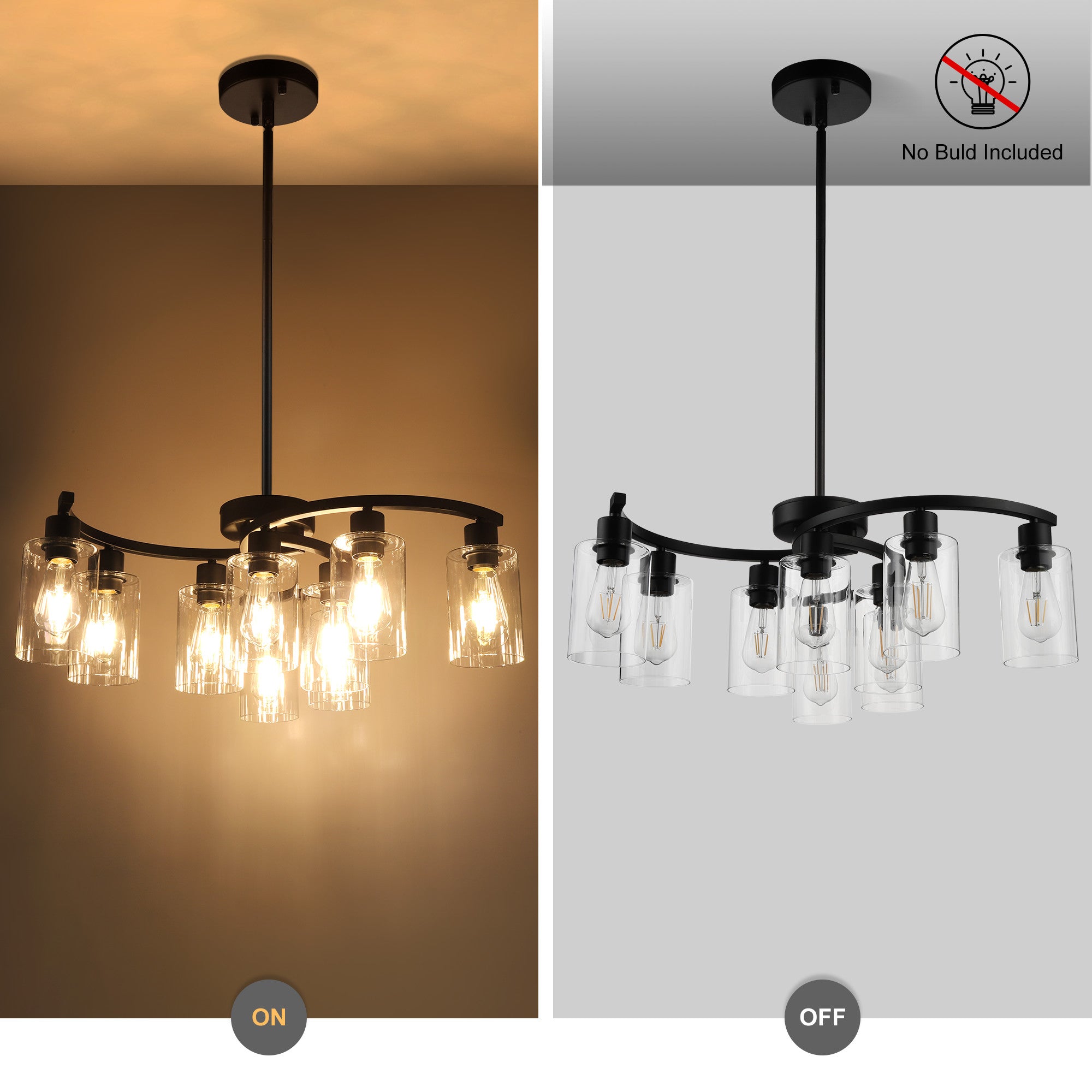 9-Light Black Modern Chandeliers for Dining Room, Adjustable Height Farmhouse Kitchen Island Lighting, Industrial Hanging Light Fixtures for Living Room Bedroom, Clear Glass Shade