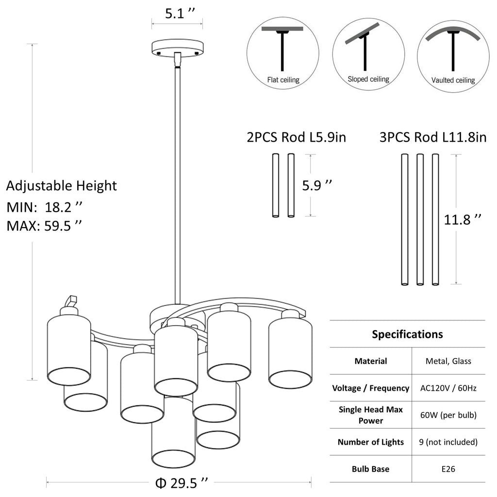 9-Light Black Modern Chandeliers for Dining Room, Adjustable Height Farmhouse Kitchen Island Lighting, Industrial Hanging Light Fixtures for Living Room Bedroom, Clear Glass Shade