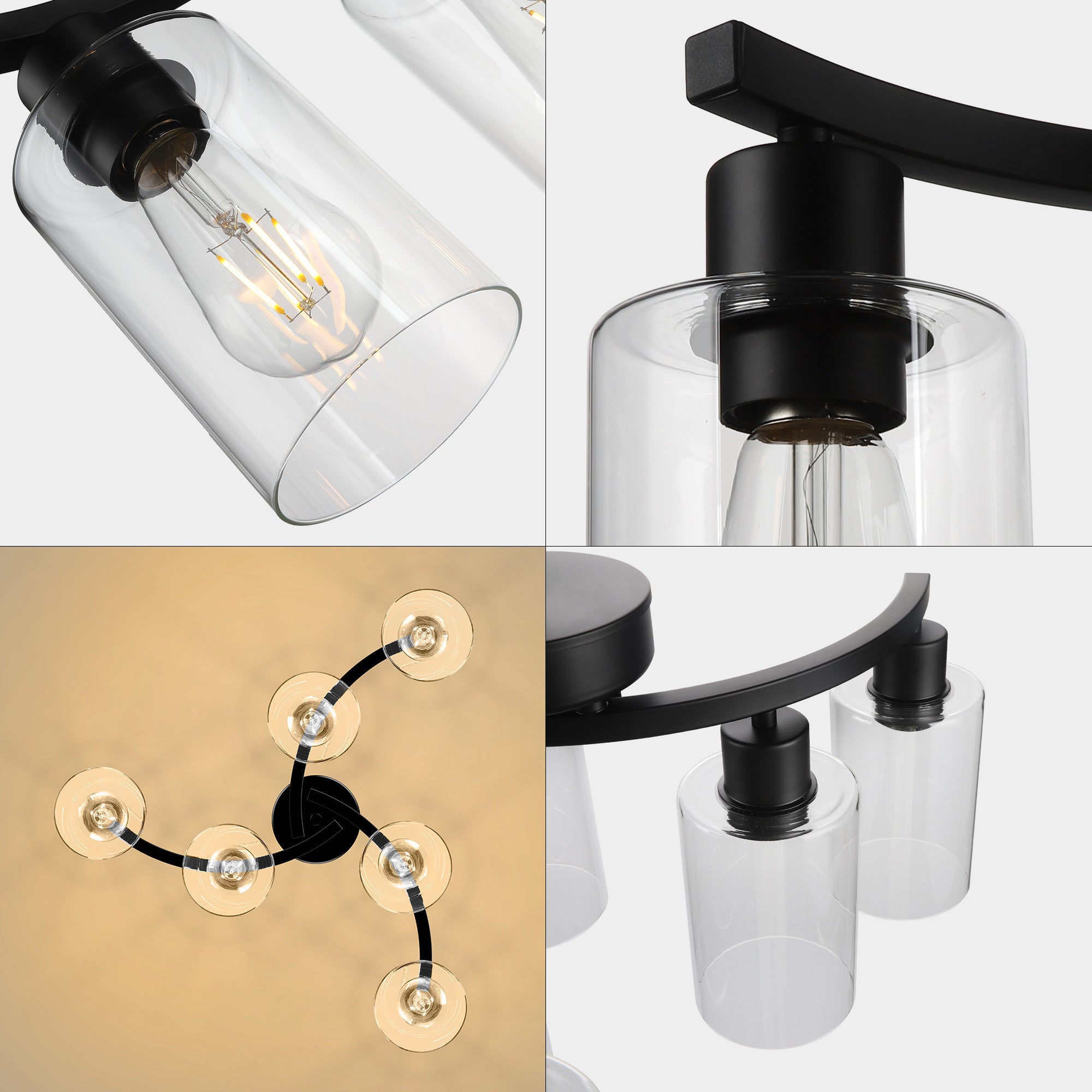 6-Light Modern Farmhouse Black Chandelier, Contemporary Dining Room Light Fixture, Adjustable Height Hanging Industrial Pendant Lights Kitchen Island, Clear Glass Shade
